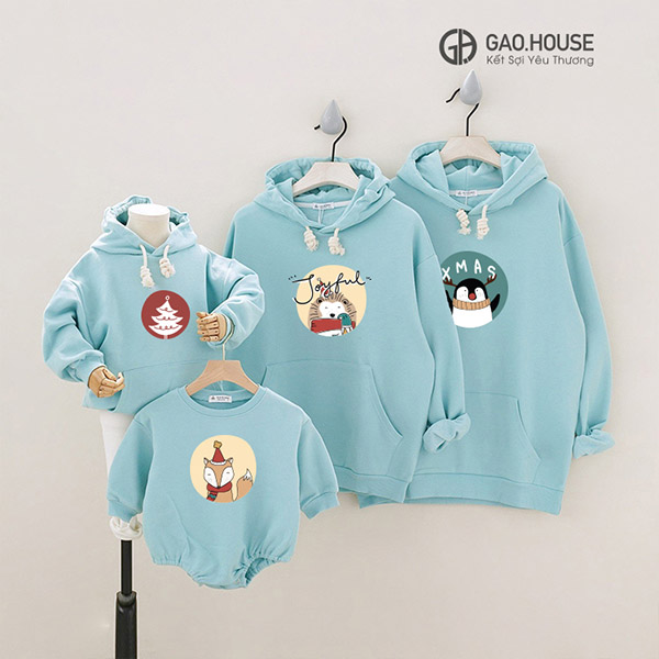 Áo gia đình mùa đông Hoodie xanh thiên thanh