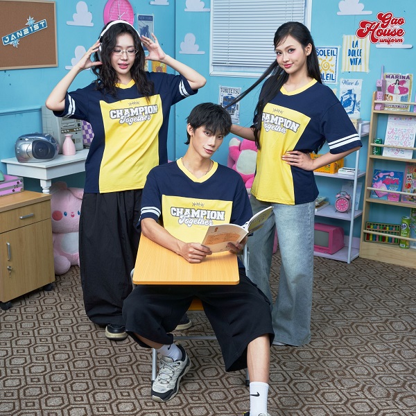 áo phông lớp màu vàng phối xanh