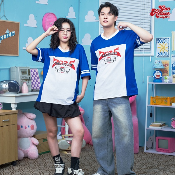 đặt áo thun lớp cổ v màu trắng phối xanh