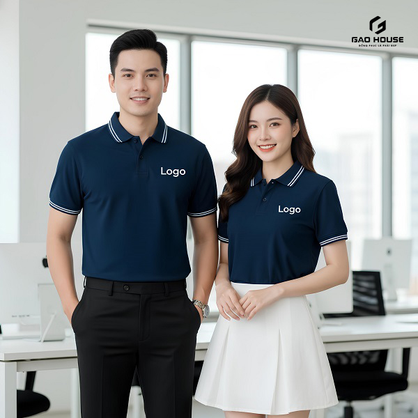 Áo Công Ty Màu Xanh Than Phối Cổ Bẻ Line Trắng