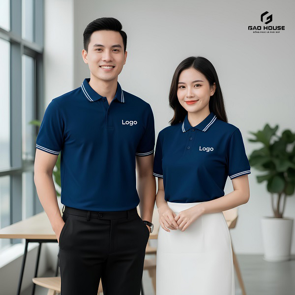 Áo Công Ty Màu Xanh Than Phối Cổ Bẻ Line Trắng