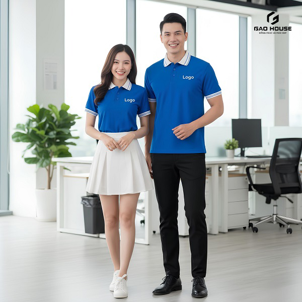 Đồng Phục Công Ty Xanh Dương Phối Cổ Trắng