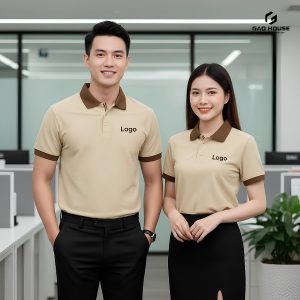 Đồng Phục Doanh Nghiệp Màu Be Phối Cổ Bẻ Nâu