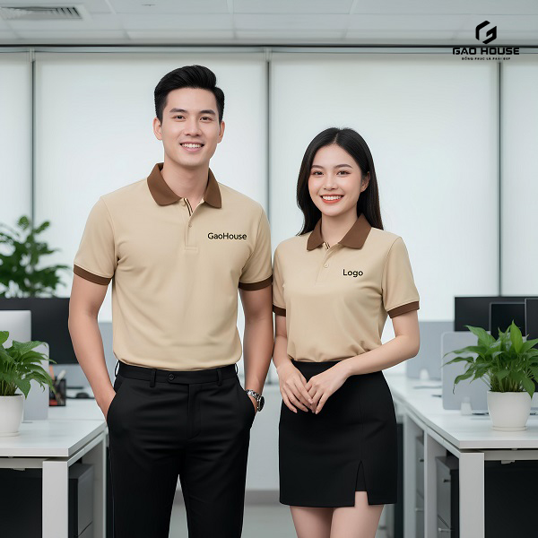 Đồng Phục Doanh Nghiệp Màu Be Phối Cổ Bẻ Nâu