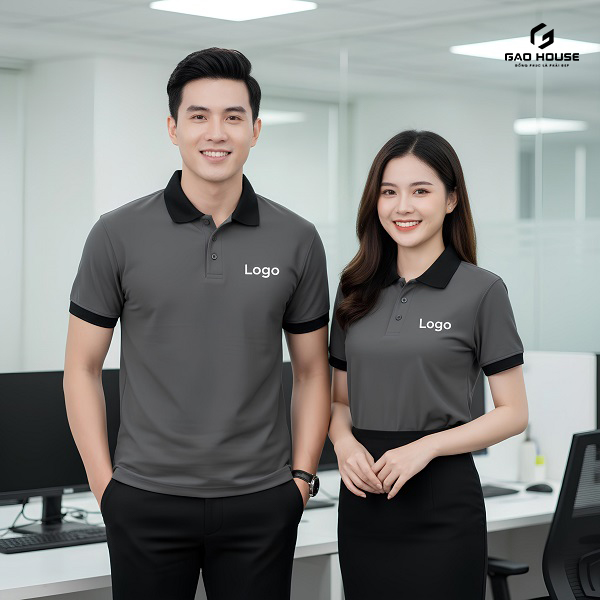 Đồng Phục Doanh Nghiệp Màu Xám Phối Cổ Đen