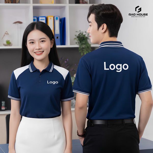 Áo Đồng Phục Doanh Nghiệp Màu Xanh Phối Vai Trắng