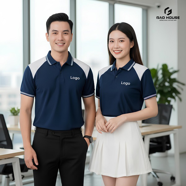 Áo Đồng Phục Doanh Nghiệp Màu Xanh Phối Vai Trắng