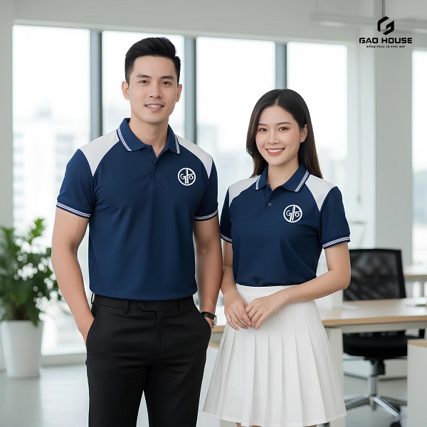 Áo Đồng Phục Doanh Nghiệp Màu Xanh Phối Vai Trắng