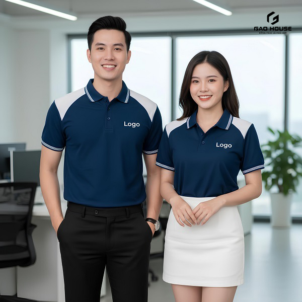 Áo Đồng Phục Doanh Nghiệp Màu Xanh Phối Vai Trắng