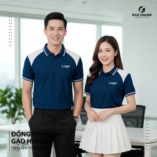 Áo Đồng Phục Doanh Nghiệp Màu Xanh Phối Vai Trắng