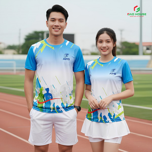 Đồng Phục Áo Thun Nhóm 3D Màu Xanh Phối Trắng