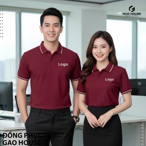 Đồng Phục Công Ty Màu Đỏ Mận Phối Cổ Bẻ Line Trắng