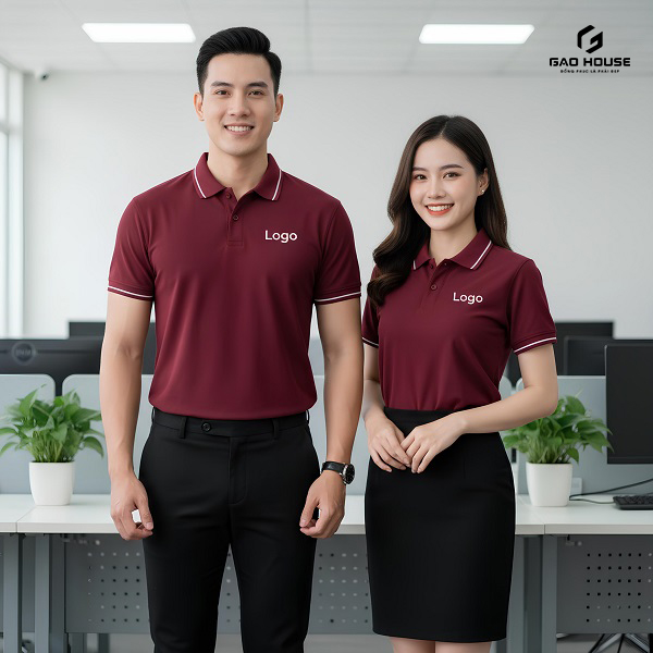 Đồng Phục Công Ty Màu Đỏ Mận Phối Cổ Bẻ Line Trắng