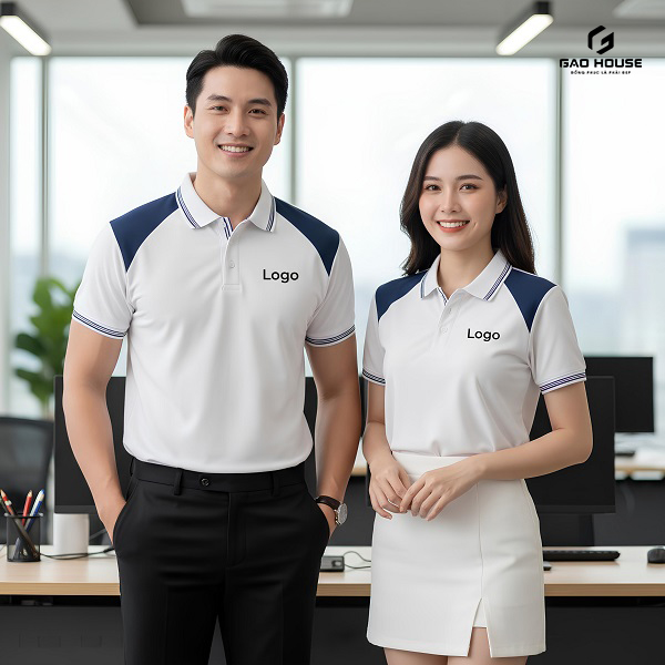 Đồng Phục Doanh Nghiệp Màu Trắng Phối Vai Xanh