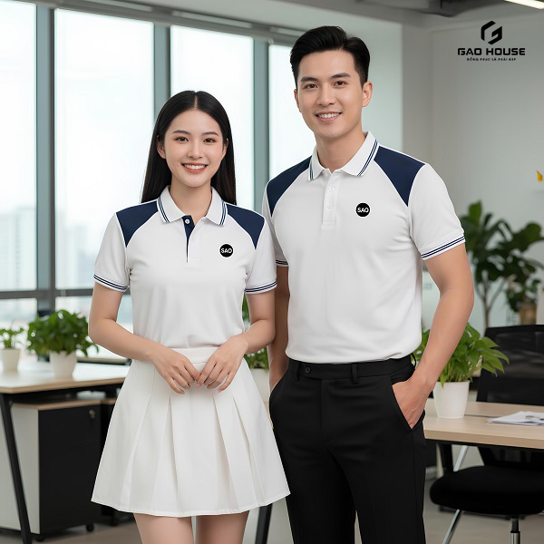 Đồng Phục Doanh Nghiệp Màu Trắng Phối Vai Xanh