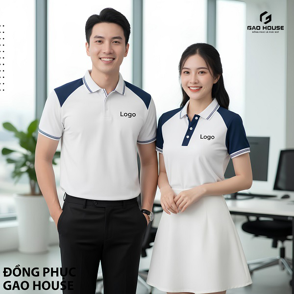 Đồng Phục Doanh Nghiệp Màu Trắng Phối Vai Xanh