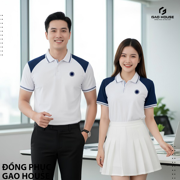 Đồng Phục Doanh Nghiệp Màu Trắng Phối Vai Xanh